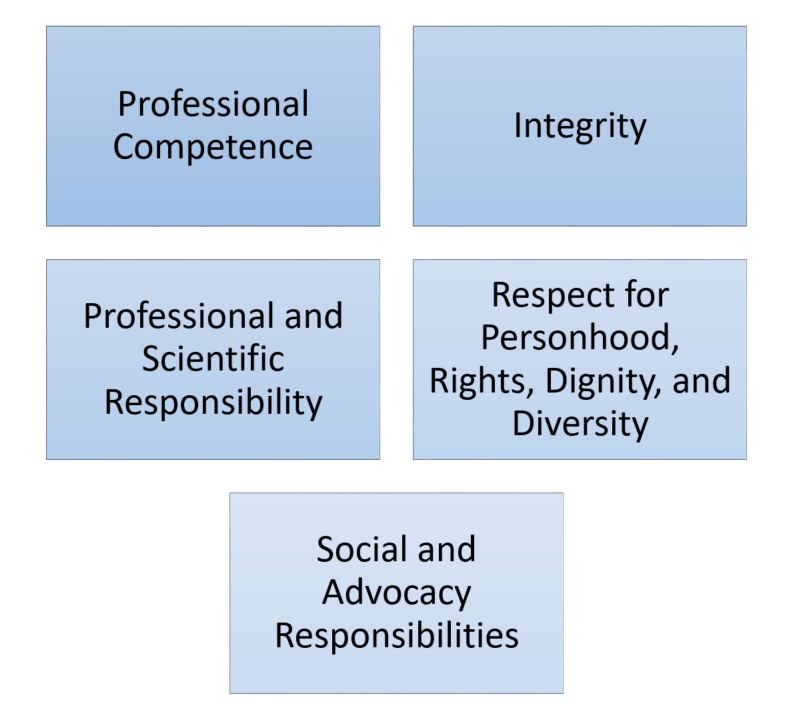 Professional competence, integrity, professional and scientific responsibility, respect for personhood, rights, dignity, and diversity, social advocacy responsibilities