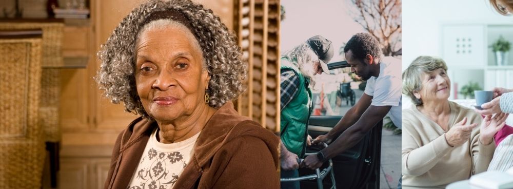 A series of photos side by side with diverse elders interacting with caregivers and professionals.