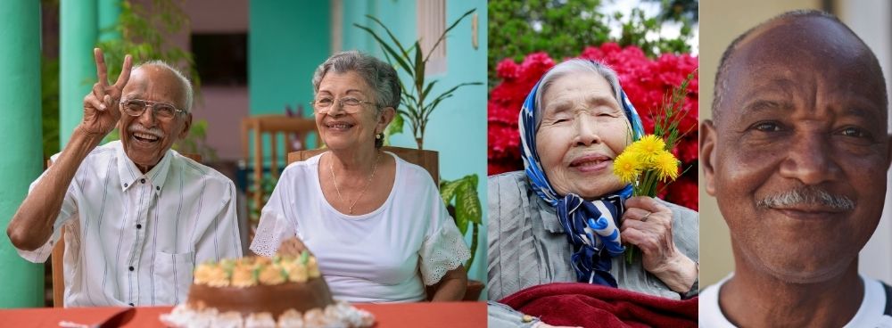 A series of photos side by side showing elders smiling and enjoying life.