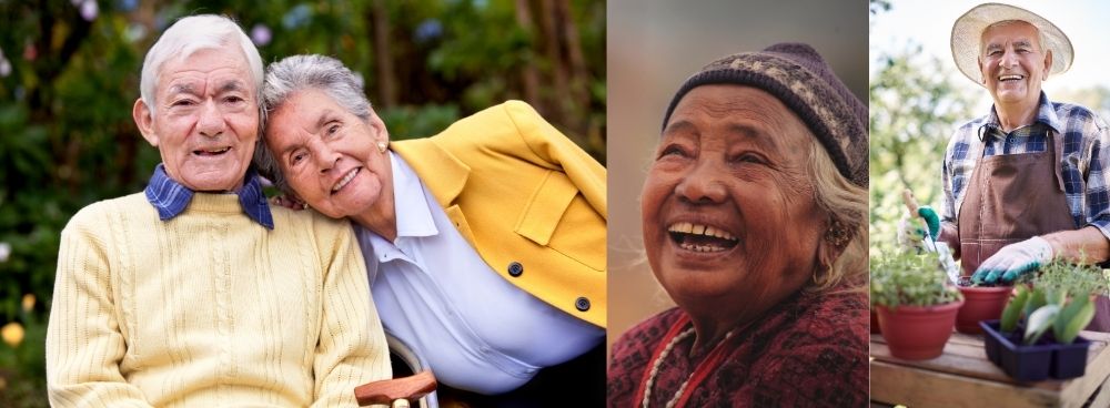 A header featuring a series of photographs that feature diverse elders smiling, fellowshiping, and gardening.