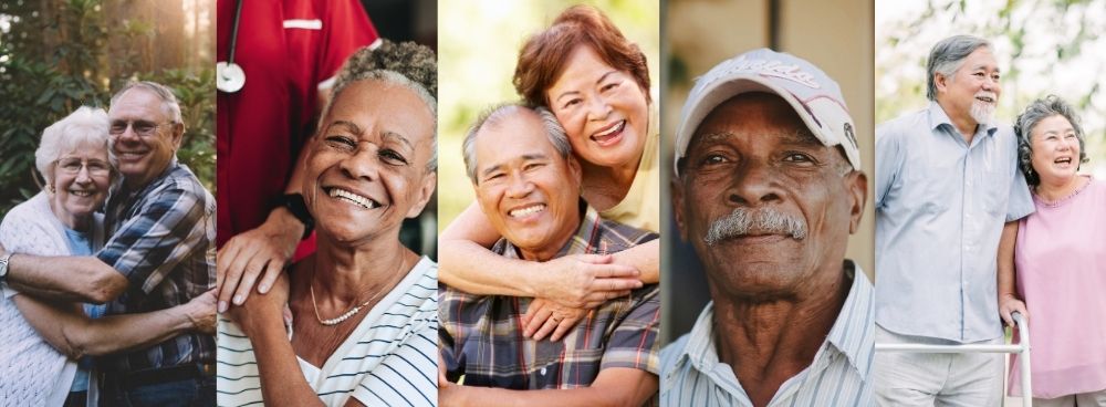 A series of photographs side by side featuring diverse elders smiling.